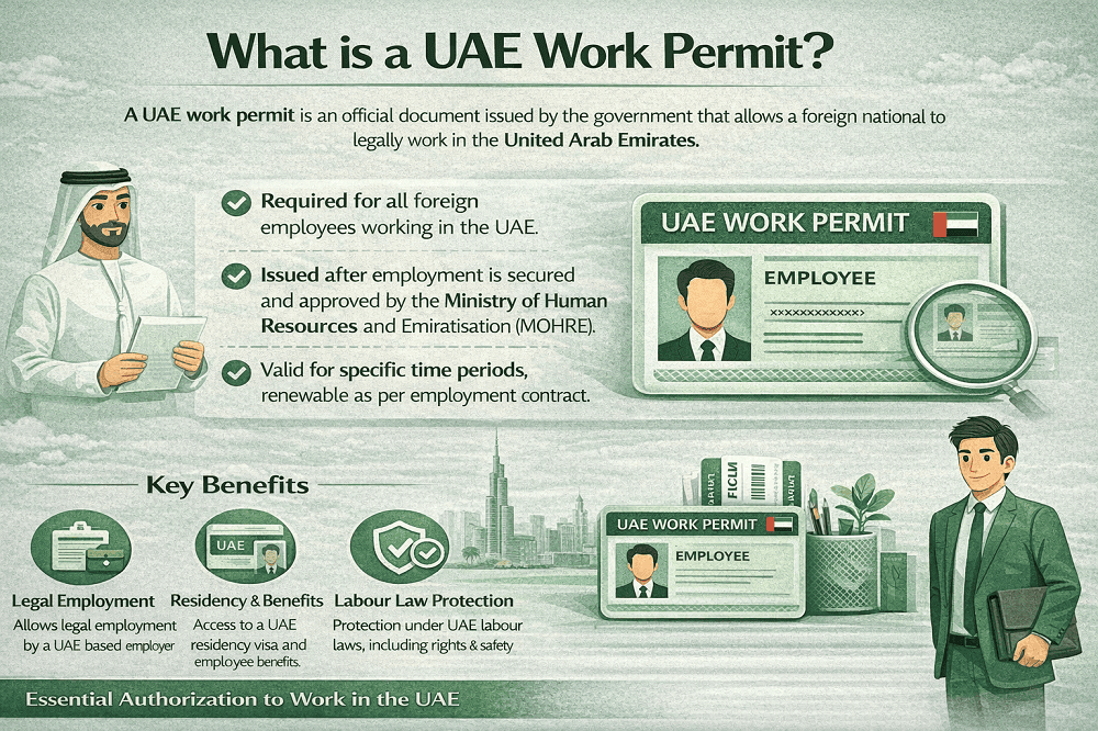 Dubai business district representing legal employment and work permit regulations
