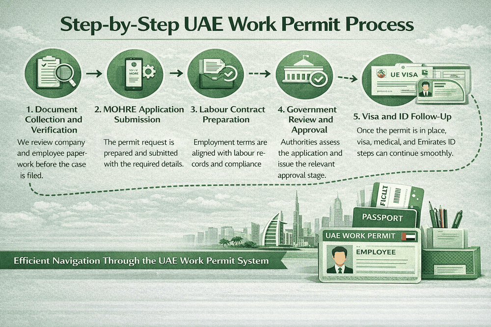 Team reviewing documents for UAE work permit application process